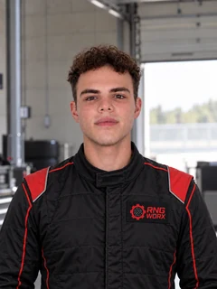 Leonardo Jesus Aladro in a black and red RNG WORX racing suit